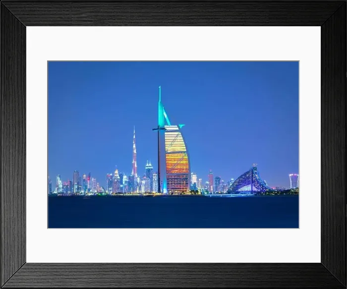 Framed Print : Dubai city - amazing city center skyline and famous Jumeirah beach at sunset, United Arab Emirates Framed Print : Dubai city - amazing city center skyline and famous Jumeirah beach at sunset, United Arab Emirates