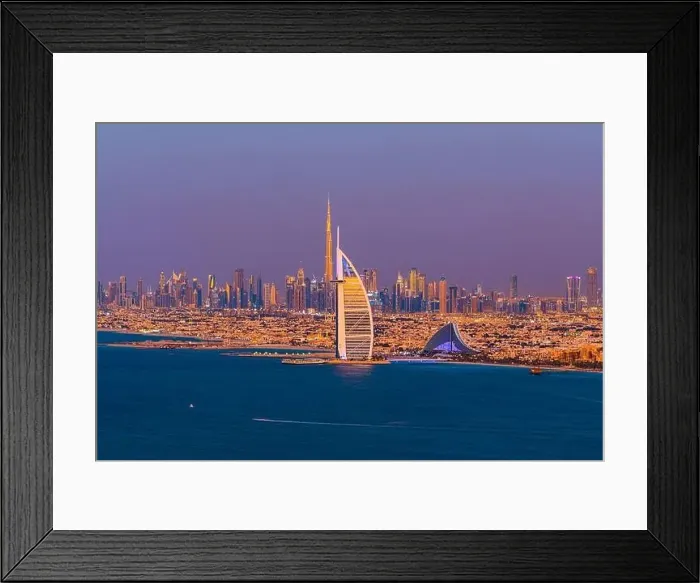 Framed Print : Dubai city - amazing city center skyline and famous Jumeirah beach at sunset, United Arab Emirates Framed Print : Dubai city - amazing city center skyline and famous Jumeirah beach at sunset, United Arab Emirates