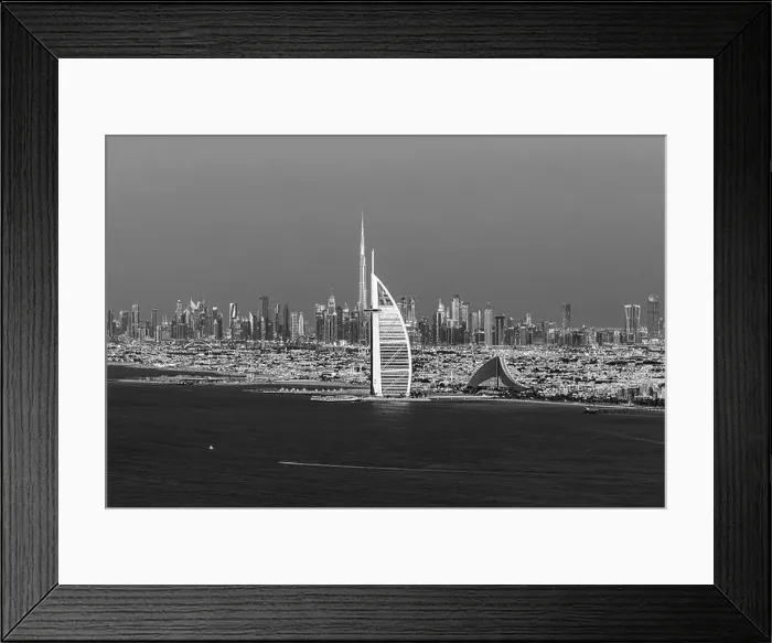 Framed Print : Dubai city - amazing city center skyline and famous Jumeirah beach at sunset, United Arab Emirates Framed Print : Dubai city - amazing city center skyline and famous Jumeirah beach at sunset, United Arab Emirates