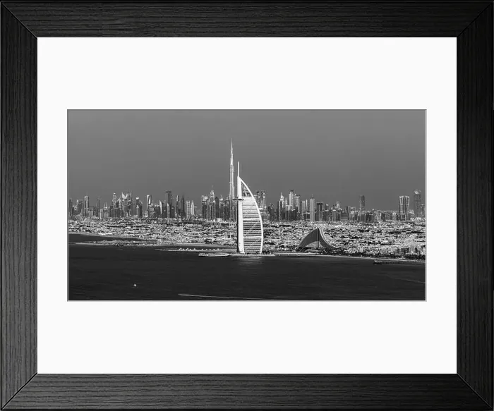 Framed Print : Dubai city - amazing city center skyline and famous Jumeirah beach at sunset, United Arab Emirates Framed Print : Dubai city - amazing city center skyline and famous Jumeirah beach at sunset, United Arab Emirates