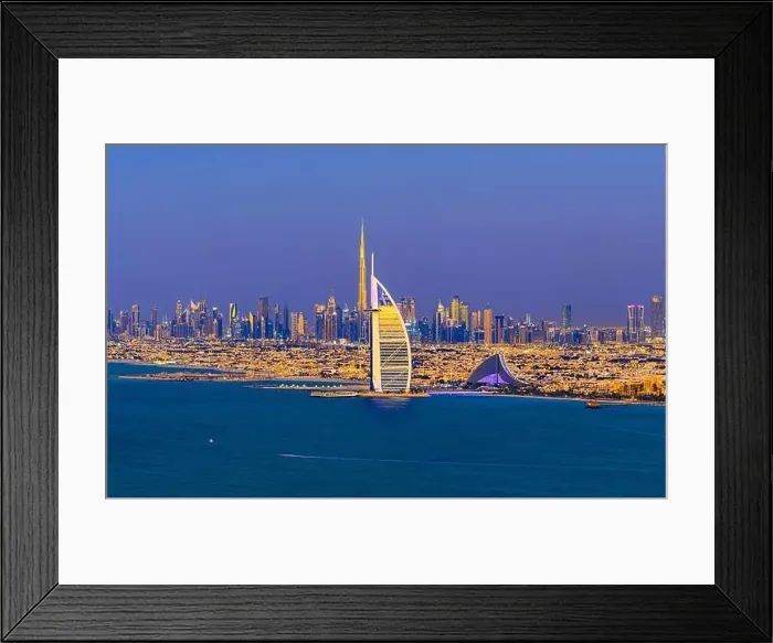 Framed Print : Dubai city - amazing city center skyline and famous Jumeirah beach at sunset, United Arab Emirates Framed Print : Dubai city - amazing city center skyline and famous Jumeirah beach at sunset, United Arab Emirates