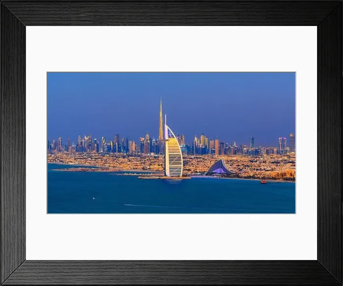 Framed Print : Dubai city - amazing city center skyline and famous Jumeirah beach at sunset, United Arab Emirates Framed Print : Dubai city - amazing city center skyline and famous Jumeirah beach at sunset, United Arab Emirates