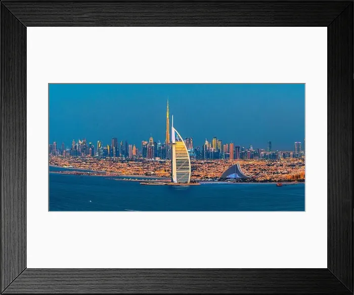 Framed Print : Dubai city - amazing city center skyline and famous Jumeirah beach at sunset, United Arab Emirates Framed Print : Dubai city - amazing city center skyline and famous Jumeirah beach at sunset, United Arab Emirates