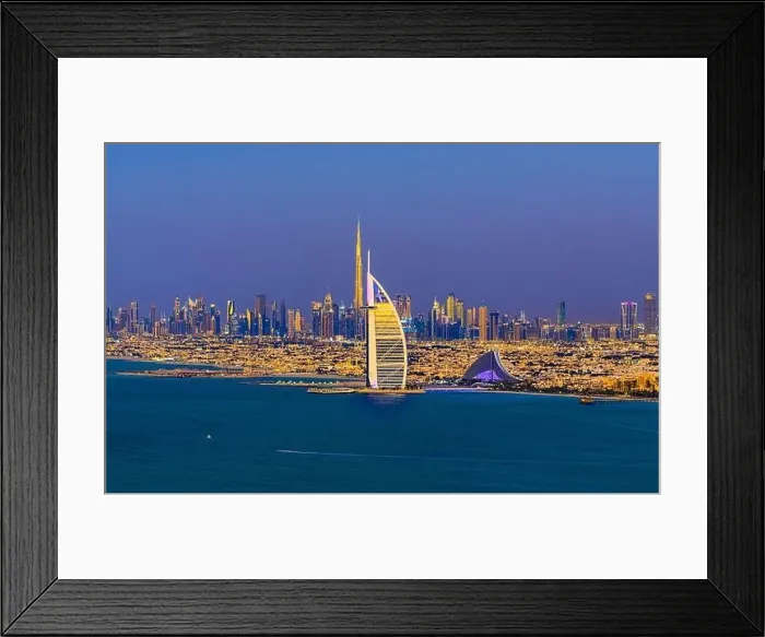 Framed Print : Dubai city - amazing city center skyline and famous Jumeirah beach at sunset, United Arab Emirates Framed Print : Dubai city - amazing city center skyline and famous Jumeirah beach at sunset, United Arab Emirates
