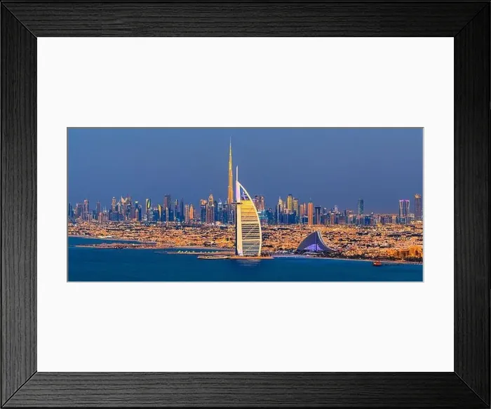 Framed Print : Dubai city - amazing city center skyline and famous Jumeirah beach at sunset, United Arab Emirates Framed Print : Dubai city - amazing city center skyline and famous Jumeirah beach at sunset, United Arab Emirates