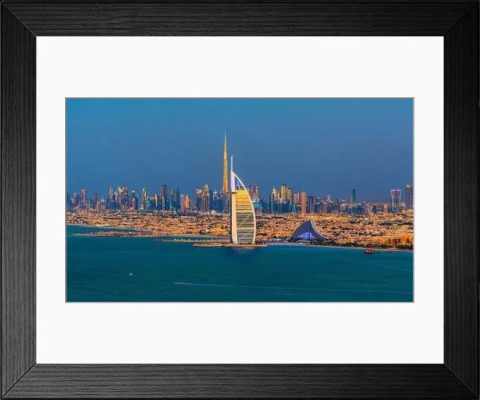 Framed Print : Dubai city - amazing city center skyline and famous Jumeirah beach at sunset, United Arab Emirates Framed Print : Dubai city - amazing city center skyline and famous Jumeirah beach at sunset, United Arab Emirates