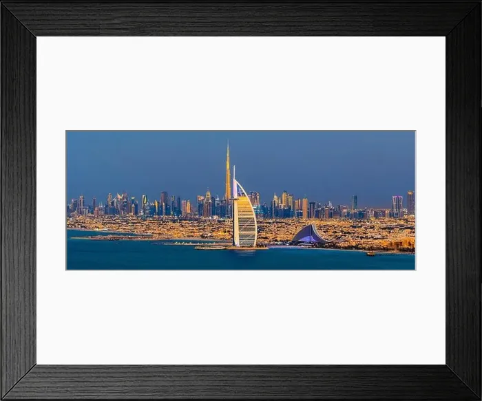 Framed Print : Dubai city - amazing city center skyline and famous Jumeirah beach at sunset, United Arab Emirates Framed Print : Dubai city - amazing city center skyline and famous Jumeirah beach at sunset, United Arab Emirates