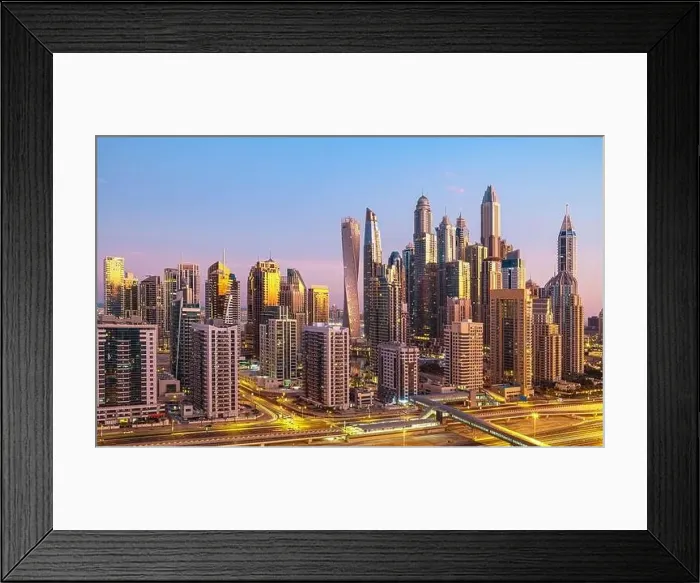 Framed Print : Dubai city center view at sunrise, United Arab Emirate Framed Print : Dubai city center view at sunrise, United Arab Emirate