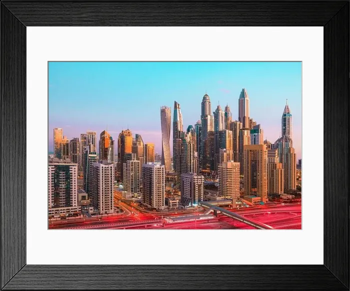 Framed Print : Dubai city center view at sunrise, United Arab Emirate Framed Print : Dubai city center view at sunrise, United Arab Emirate