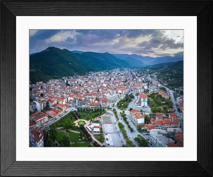 Framed Print : Aerial panoramic view of Florina city in northern Greece Framed Print : Aerial panoramic view of Florina city in northern Greece