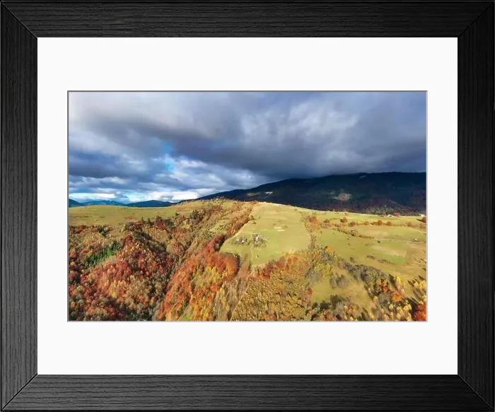 Framed Print : Sky with white and fluffy layer of clouds over green autumn hills, Aerial panoramic drone shot Framed Print : Sky with white and fluffy layer of clouds over green autumn hills, Aerial panoramic drone shot