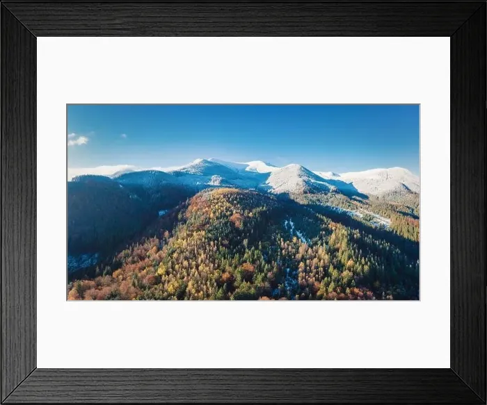 Framed Print : Picturesque mountain landscapes of autumn with snow near the village of Dzembronya in Ukraine Carpathians mountains Framed Print : Picturesque mountain landscapes of autumn with snow near the village of Dzembronya in Ukraine Carpathians mountains