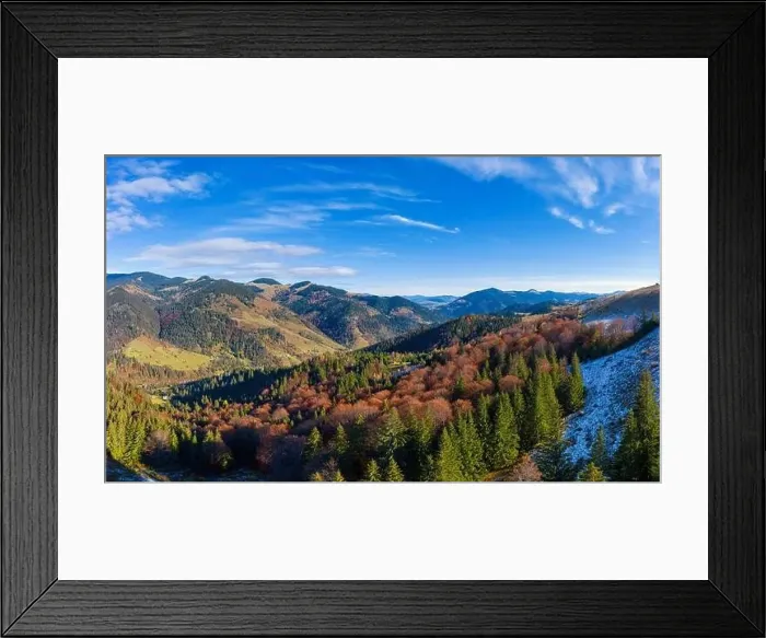 Framed Print : Picturesque mountain landscapes of autumn with snow near the village of Dzembronya in Ukraine Carpathians mountains Framed Print : Picturesque mountain landscapes of autumn with snow near the village of Dzembronya in Ukraine Carpathians mountains