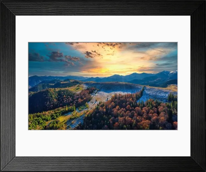 Framed Print : Picturesque mountain landscapes of autumn with snow near the village of Dzembronya in Ukraine Carpathians mountains Framed Print : Picturesque mountain landscapes of autumn with snow near the village of Dzembronya in Ukraine Carpathians mountains