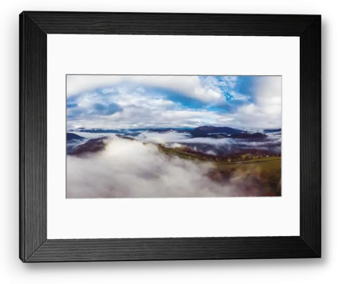 Framed Print : Autumn flight through blue sky in Carpatian autumn mountains, Aerial panoramic drone shot Framed Print : Autumn flight through blue sky in Carpatian autumn mountains, Aerial panoramic drone shot
