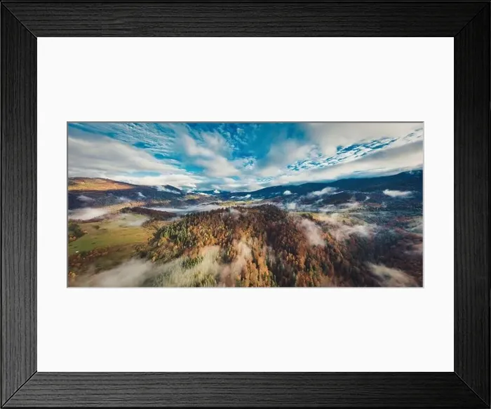 Framed Print : Autumn flight through blue sky in Carpatian autumn mountains, Aerial panoramic drone shot Framed Print : Autumn flight through blue sky in Carpatian autumn mountains, Aerial panoramic drone shot