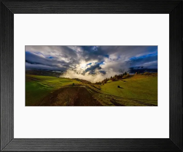 Framed Print : Sky with white and fluffy layer of clouds over green autumn hills, Aerial panoramic drone shot Framed Print : Sky with white and fluffy layer of clouds over green autumn hills, Aerial panoramic drone shot