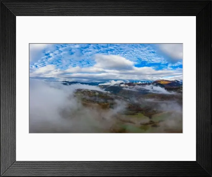 Framed Print : Autumn flight through blue sky in Carpatian autumn mountains, Aerial panoramic drone shot Framed Print : Autumn flight through blue sky in Carpatian autumn mountains, Aerial panoramic drone shot