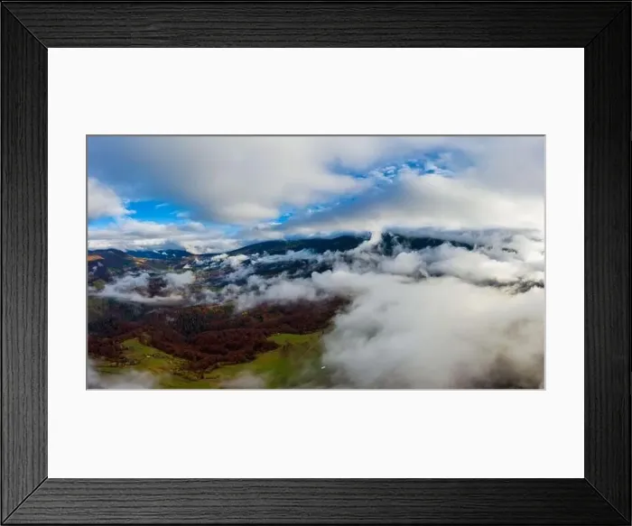 Framed Print : Autumn flight through blue sky in Carpatian autumn mountains, Aerial panoramic drone shot Framed Print : Autumn flight through blue sky in Carpatian autumn mountains, Aerial panoramic drone shot