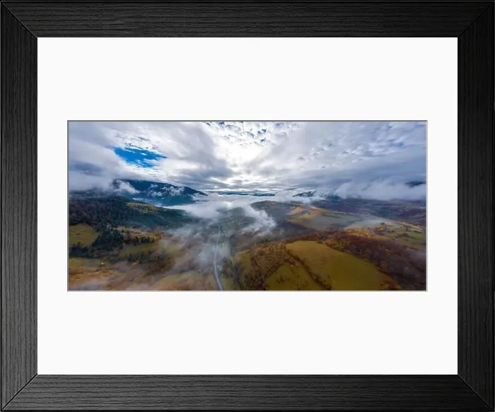 Framed Print : Autumn flight through blue sky in Carpatian autumn mountains, Aerial panoramic drone shot Framed Print : Autumn flight through blue sky in Carpatian autumn mountains, Aerial panoramic drone shot