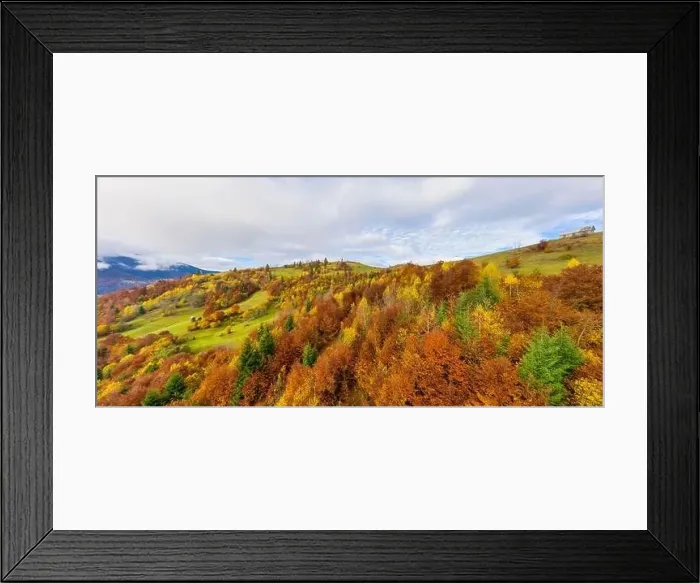 Framed Print : Sky with white and fluffy layer of clouds over green autumn hills, Aerial panoramic drone shot Framed Print : Sky with white and fluffy layer of clouds over green autumn hills, Aerial panoramic drone shot
