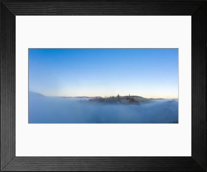 Framed Print : Sunrise over mountain hils covered with gray mist. Aerial panoramic drone shot Framed Print : Sunrise over mountain hils covered with gray mist. Aerial panoramic drone shot