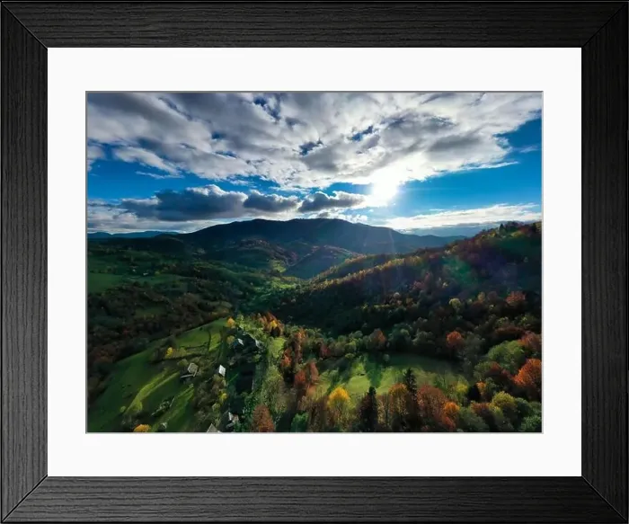 Framed Print : Sky with white and fluffy layer of clouds over green autumn hills, Aerial panoramic drone shot Framed Print : Sky with white and fluffy layer of clouds over green autumn hills, Aerial panoramic drone shot