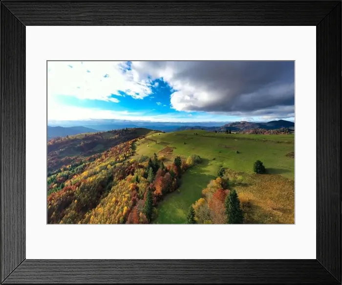 Framed Print : Sky with white and fluffy layer of clouds over green autumn hills, Aerial panoramic drone shot Framed Print : Sky with white and fluffy layer of clouds over green autumn hills, Aerial panoramic drone shot