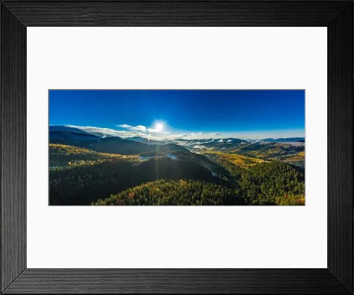 Framed Print : Picturesque mountain landscapes of autumn with snow near the village of Dzembronya in Ukraine Carpathians mountains