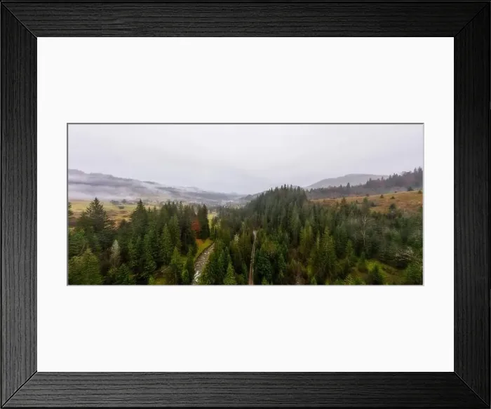 Framed Print : Rainy foggy and gray weather in the mountain valley of the Carpathians in Ukraine in small village Aerial panoramic Framed Print : Rainy foggy and gray weather in the mountain valley of the Carpathians in Ukraine in small village Aerial panoramic