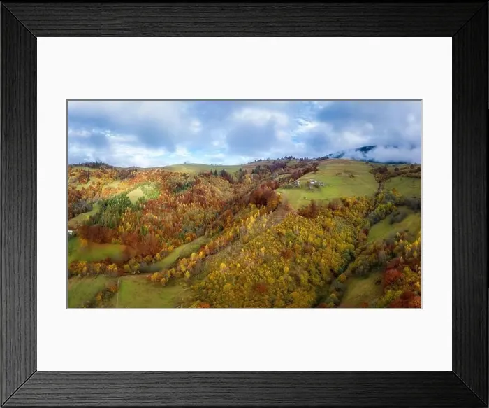 Framed Print : Sky with white and fluffy layer of clouds over green autumn hills, Aerial panoramic drone shot Framed Print : Sky with white and fluffy layer of clouds over green autumn hills, Aerial panoramic drone shot