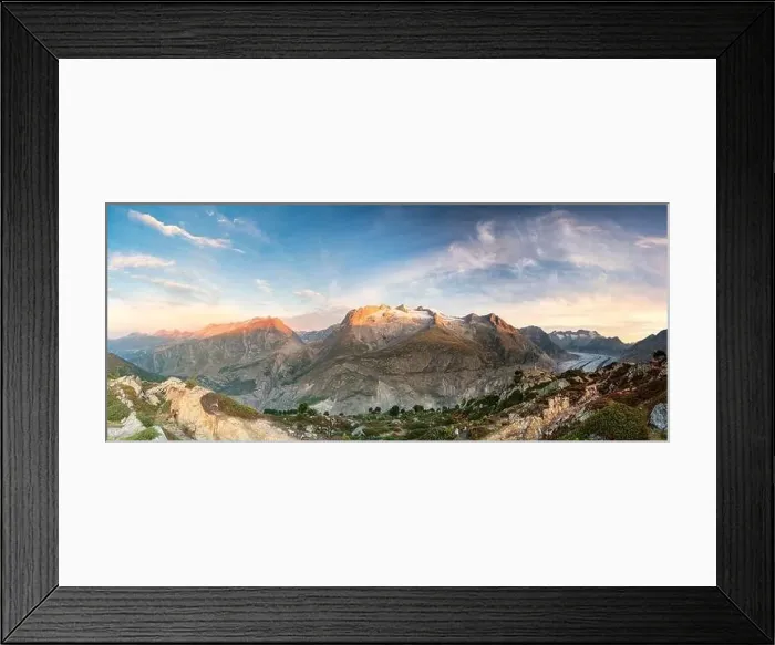 Framed Print : Panoramic of Aletsch Glacier and mountains at dawn, Bernese Alps, Valais canton, Switzerland Framed Print : Panoramic of Aletsch Glacier and mountains at dawn, Bernese Alps, Valais canton, Switzerland