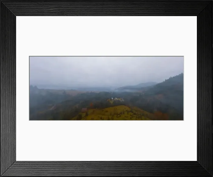 Framed Print : Rainy foggy and gray weather in the mountain valley of the Carpathians in Ukraine in small village Aerial panoramic Framed Print : Rainy foggy and gray weather in the mountain valley of the Carpathians in Ukraine in small village Aerial panoramic