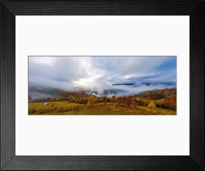 Framed Print : Sky with white and fluffy layer of clouds over green autumn hills, Aerial panoramic drone shot Framed Print : Sky with white and fluffy layer of clouds over green autumn hills, Aerial panoramic drone shot