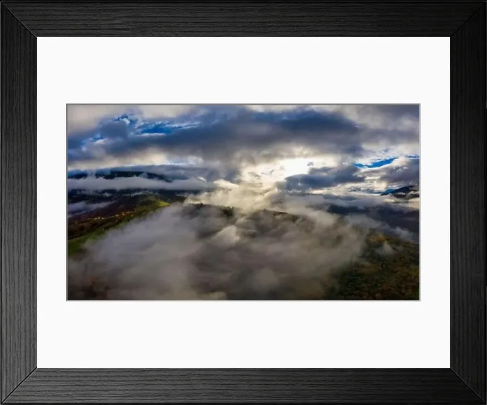 Framed Print : Autumn flight through blue sky in Carpatian autumn mountains, Aerial panoramic drone shot Framed Print : Autumn flight through blue sky in Carpatian autumn mountains, Aerial panoramic drone shot