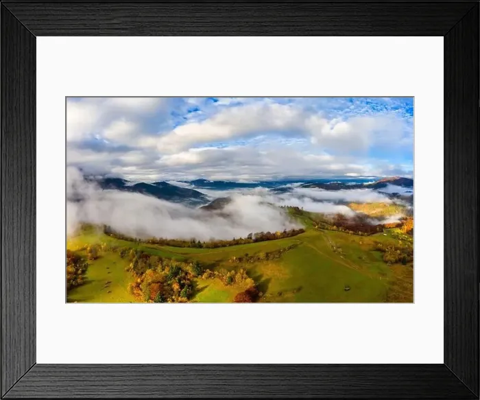 Framed Print : Autumn flight through blue sky in Carpatian autumn mountains, Aerial panoramic drone shot Framed Print : Autumn flight through blue sky in Carpatian autumn mountains, Aerial panoramic drone shot
