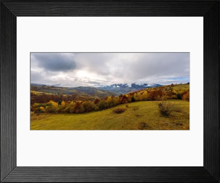 Framed Print : Sky with white and fluffy layer of clouds over green autumn hills, Aerial panoramic drone shot Framed Print : Sky with white and fluffy layer of clouds over green autumn hills, Aerial panoramic drone shot