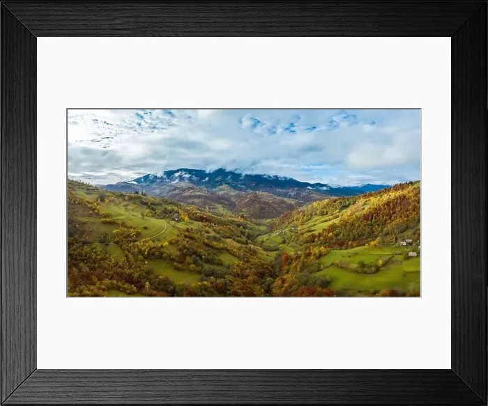 Framed Print : Sky with white and fluffy layer of clouds over green autumn hills, Aerial panoramic drone shot Framed Print : Sky with white and fluffy layer of clouds over green autumn hills, Aerial panoramic drone shot