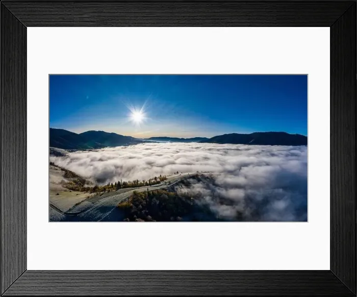 Framed Print : Autumn flight through blue sky in Carpatian autumn mountains, Aerial panoramic drone shot Framed Print : Autumn flight through blue sky in Carpatian autumn mountains, Aerial panoramic drone shot