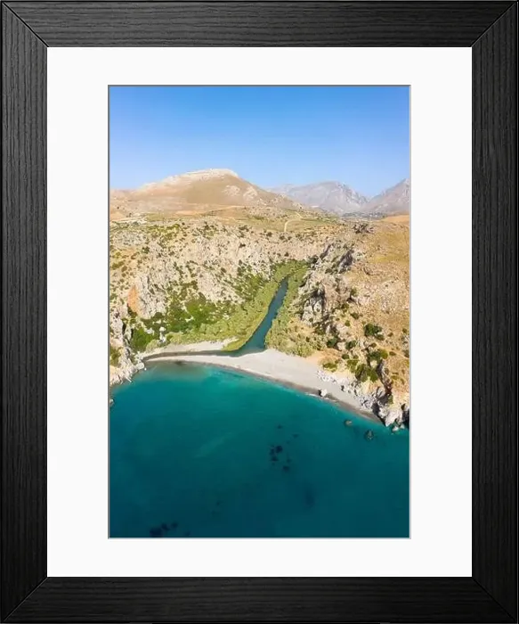 Framed Print : Aerial coastal view of Preveli Beach and Kourtaliotis River, Crete, Greece Framed Print : Aerial coastal view of Preveli Beach and Kourtaliotis River, Crete, Greece