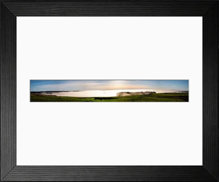 Framed Print : Beautiful morning of drone footage overlooking welsh sceneray small village with fog sheet covering the lower valleys Framed Print : Beautiful morning of drone footage overlooking welsh sceneray small village with fog sheet covering the lower valleys
