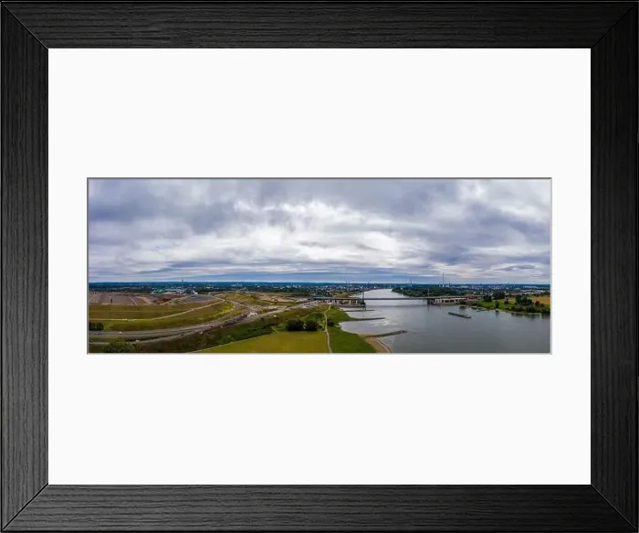Framed Print : Panoramic view of the Rhine and the A1 motorway bridge near Leverkusen, Germany. Drone photography Framed Print : Panoramic view of the Rhine and the A1 motorway bridge near Leverkusen, Germany. Drone photography