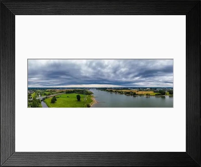 Framed Print : Panoramic view of the Rhine and the A1 motorway bridge near Leverkusen, Germany. Drone photography
