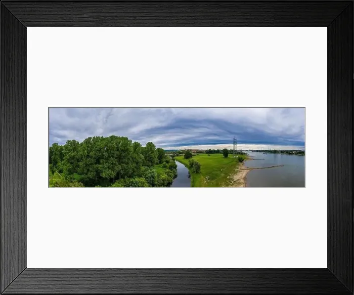 Framed Print : Panoramic view of the Rhine and the A1 motorway bridge near Leverkusen, Germany. Drone photography