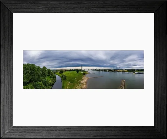 Framed Print : Panoramic view of the Rhine and the A1 motorway bridge near Leverkusen, Germany. Drone photography