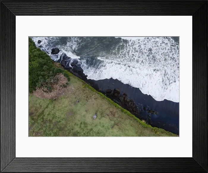 Framed Print : majestic scenic aerial landscape of rocky shore and crashing ocean waves. High quality photo Framed Print : majestic scenic aerial landscape of rocky shore and crashing ocean waves. High quality photo