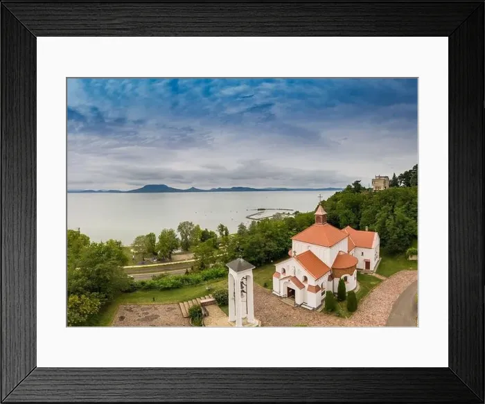 Framed Print : Aerial view of Church in Fonyod with Lake Balaton Framed Print : Aerial view of Church in Fonyod with Lake Balaton