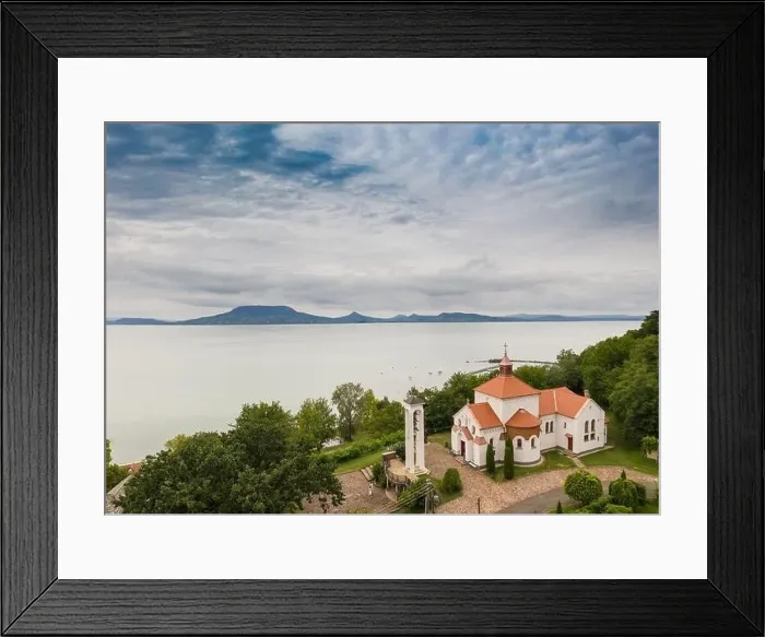 Framed Print : Aerial view of Church in Fonyod with Lake Balaton Framed Print : Aerial view of Church in Fonyod with Lake Balaton