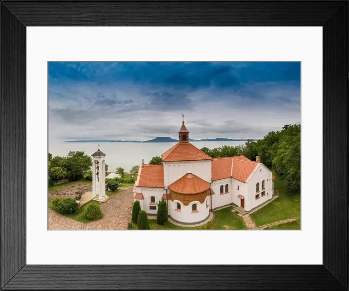Framed Print : Aerial view of Church in Fonyod with Lake Balaton Framed Print : Aerial view of Church in Fonyod with Lake Balaton