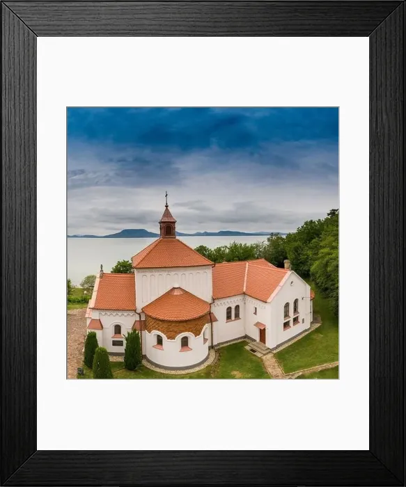 Framed Print : Aerial view of Church in Fonyod with Lake Balaton Framed Print : Aerial view of Church in Fonyod with Lake Balaton